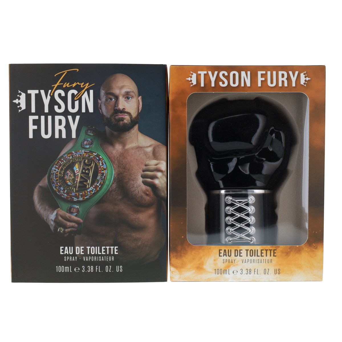 Tyson Fury Eau de Toilette 100ml, Tyson Fury, 100 ml flaske i klart glas med sort kork og gulddetaljer.