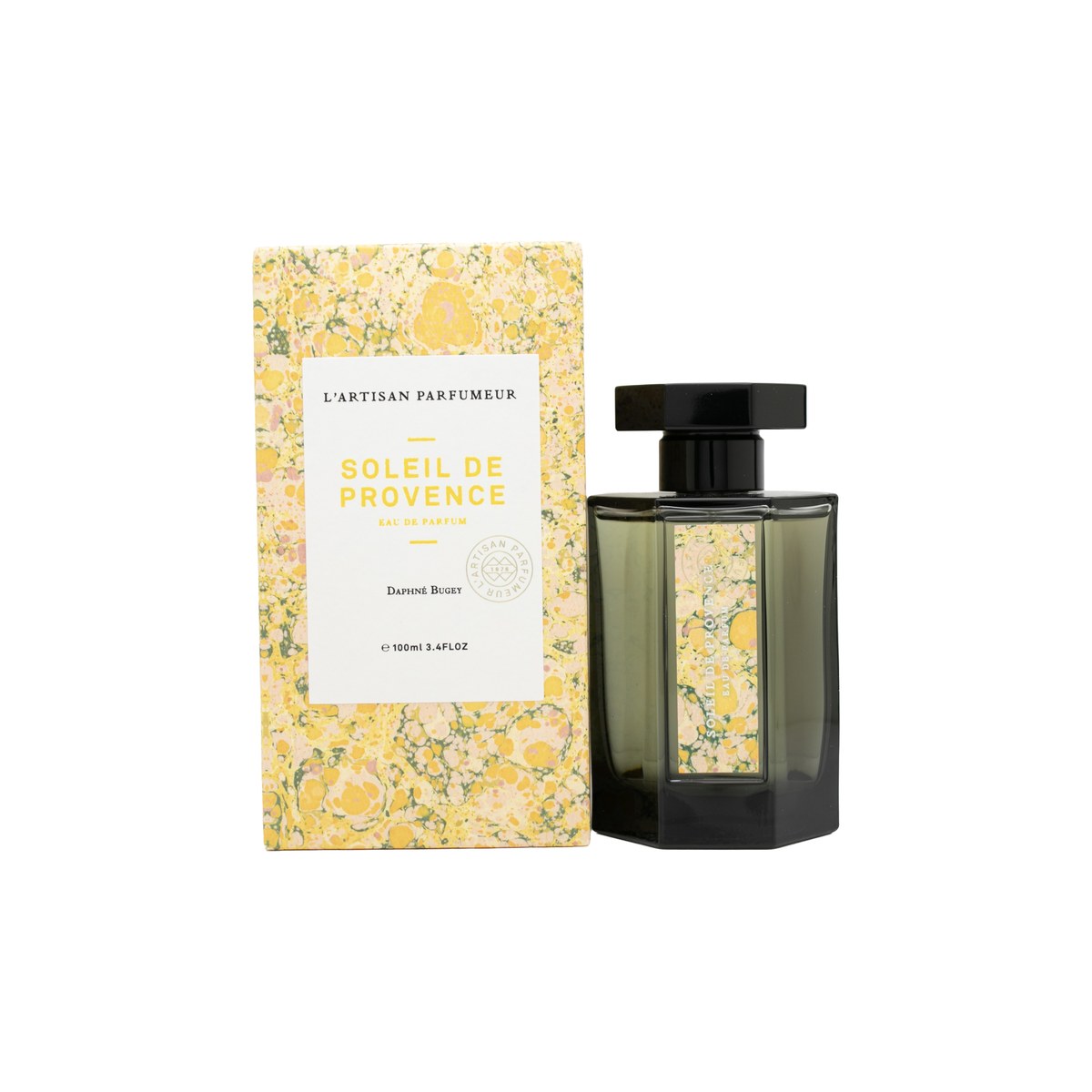 Soleil de Provence L'Artisan Parfumeur Eau de Parfum 100 ml, klar rektangulær glasflaske med gylden væske og sort låg