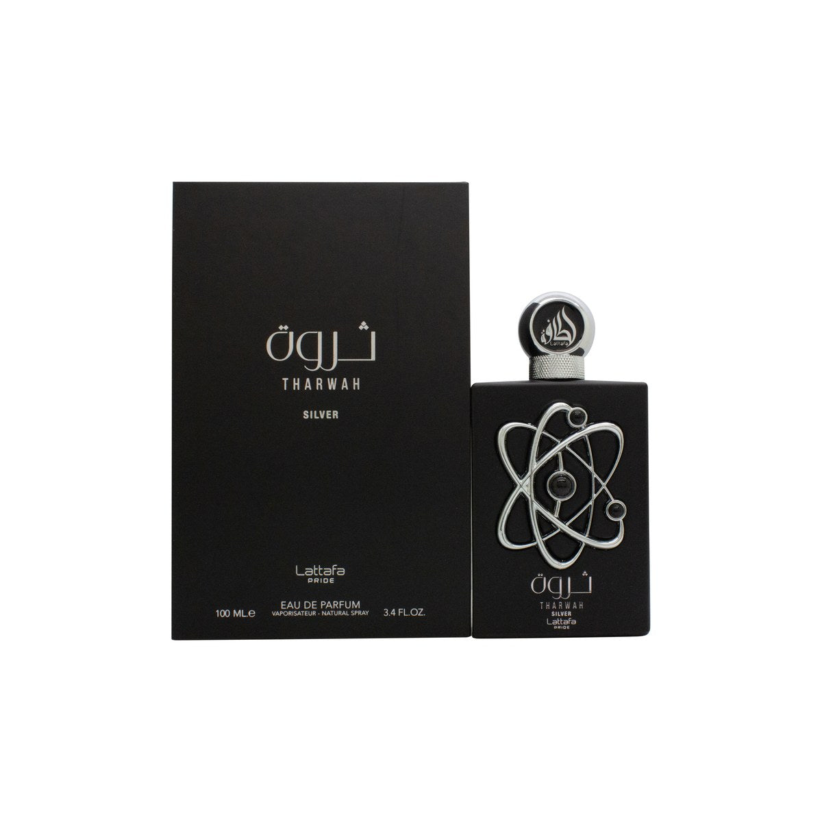 Lattafa Tharwah Silver Eau de Parfum 100 ml – sølvfarvet, cylindrisk flakon med blank finish og enkel sort etiket