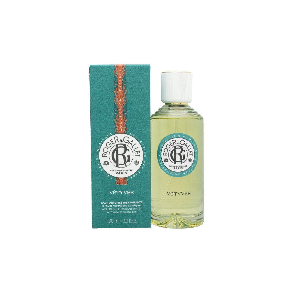 Roger & Gallet Vétyver Eau Parfumée 100ml Splash, klar glasflaske med gylden væske og sort skrukapsel.