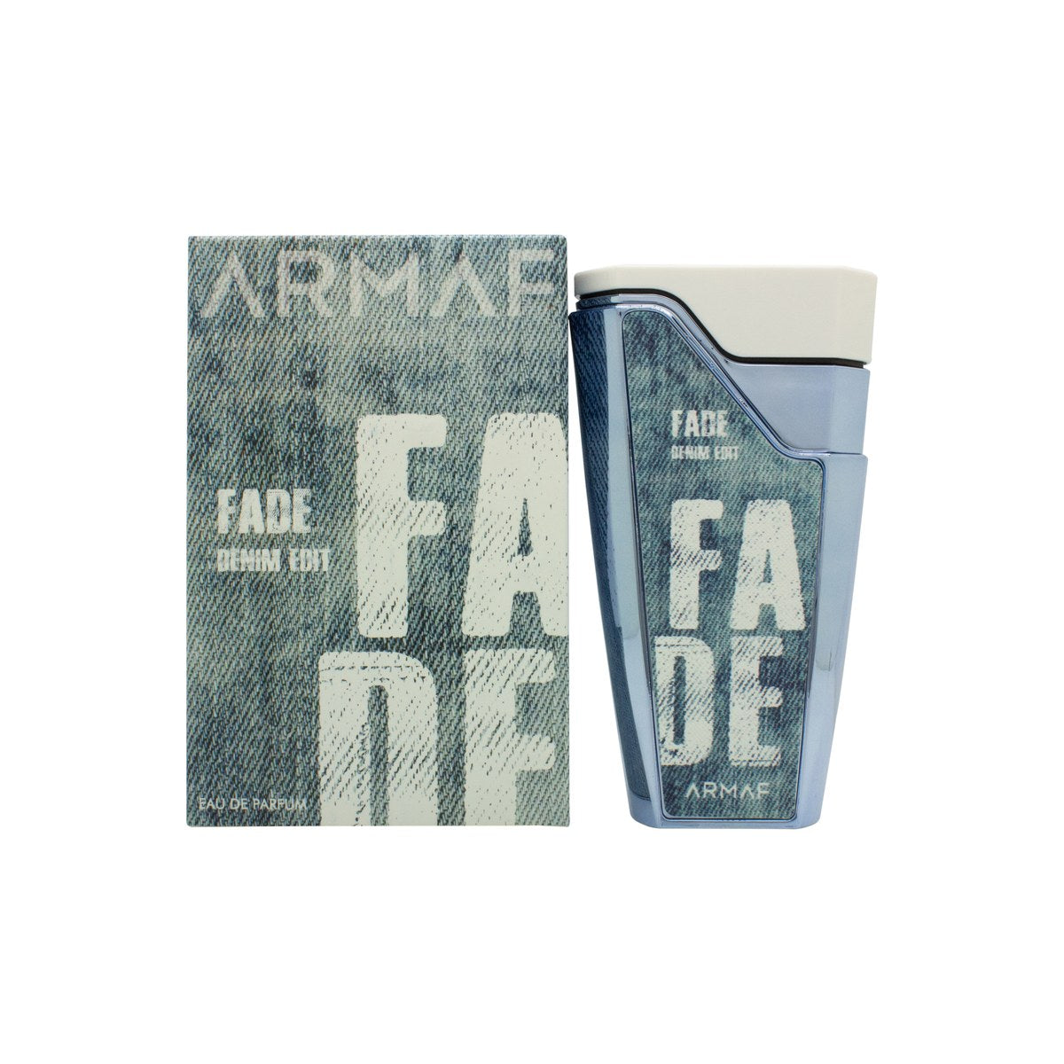 Armaf Fade Denim Edit Eau de Parfum 100ml, Armaf, 100 ml – mørkeblå firkantet flaske med sølvkapsel og denimlook.