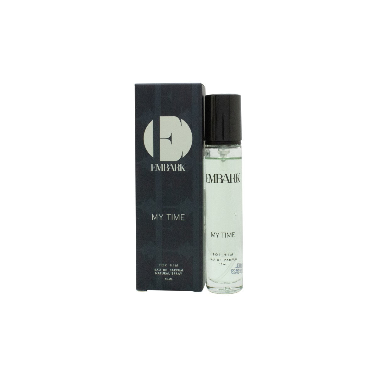 Embark My Time For Him Eau de Parfum Embark 15 ml – mørk rektangulær glasflaske med sort låg og enkel hvid typografi