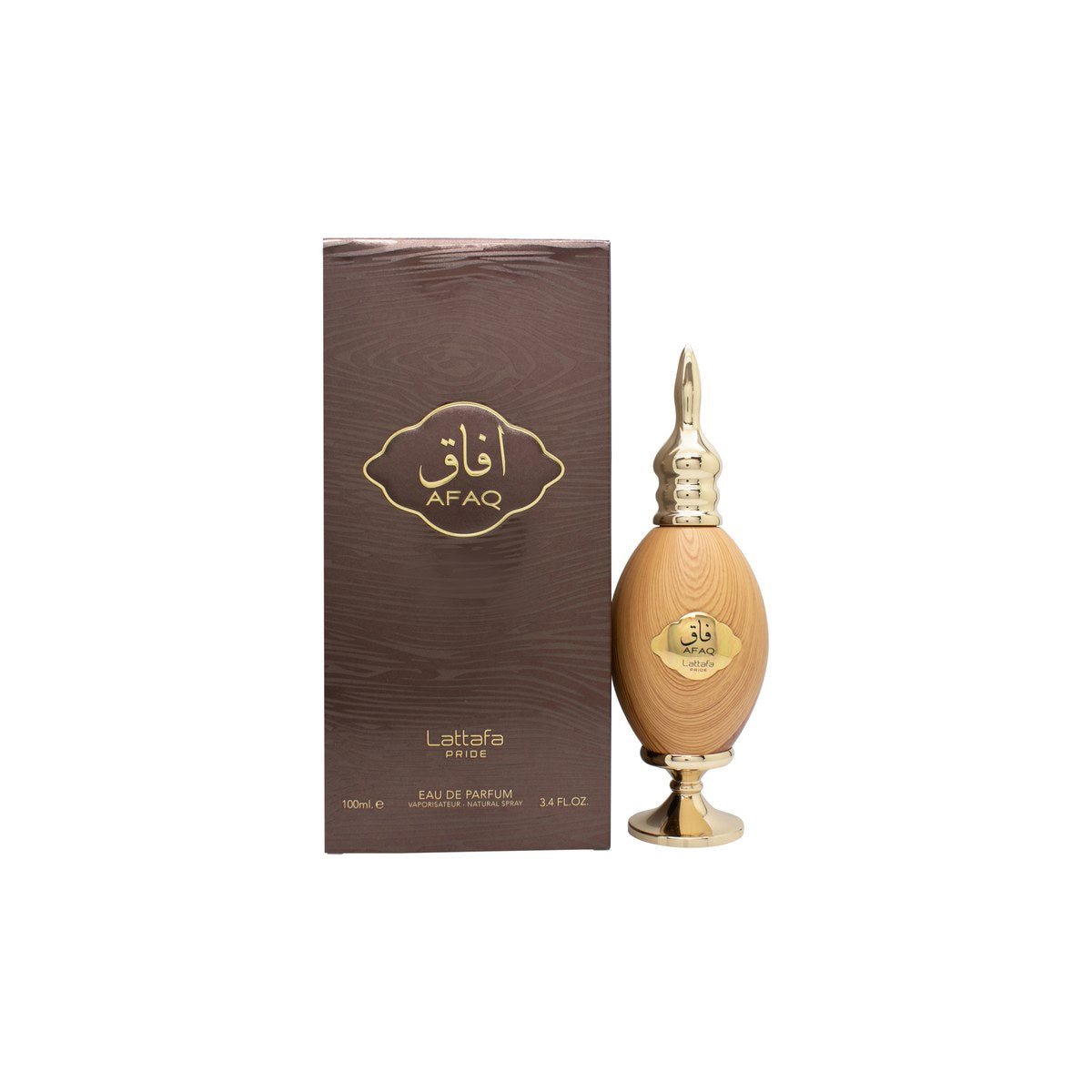 Lattafa Afaq Gold Eau de Parfum 100 ml – rektangulær guldfarvet flaske med sort låg og blank finish