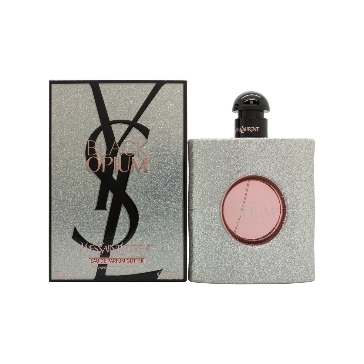 Yves Saint Laurent Black Opium Glitter Eau de Parfum 90 ml – sort glitterflakon med pink logo og rund form.