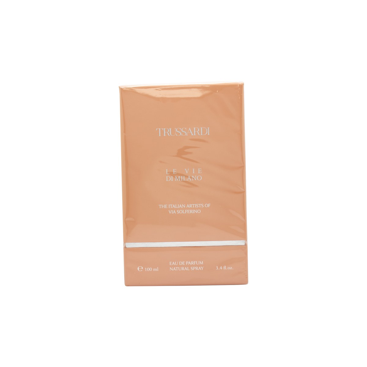 Trussardi The Italian Artists of Via Solferino Eau de Parfum 100 ml – firkantet glasflakon i klart glas med hvid etiket og sort låg, minimalistisk design