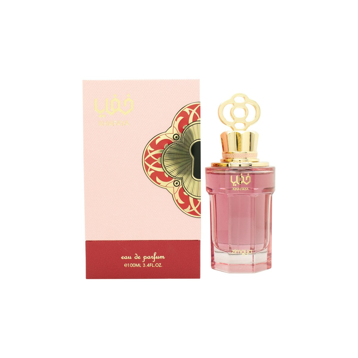 Zimaya Khafaya Pink Eau de Parfum 100 ml – lyserød rektangulær flaske med gulddetaljer og blank finish