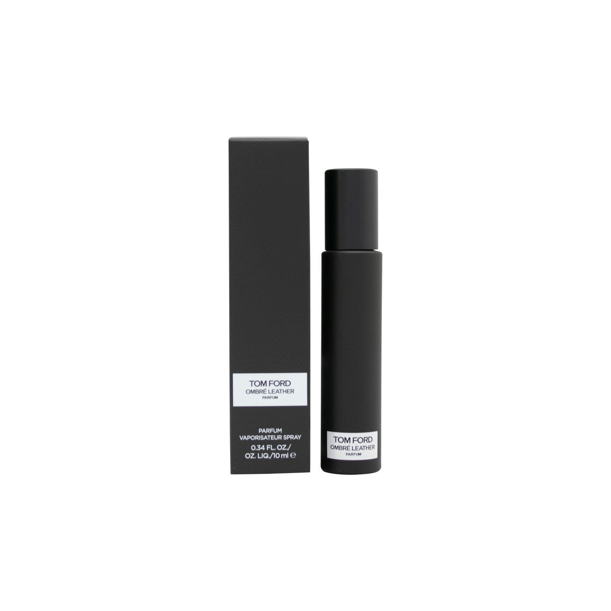 Tom Ford Ombre Leather Parfum 10 ml – sort, mat rejseflakon med hvid etiket og minimalistisk, rektangulært design