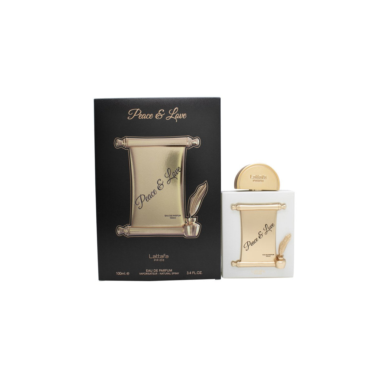 Lattafa Pride Peace & Love Eau de Parfum 100 ml fra Lattafa, mat hvid flakon med gyldent låg og farverig Pride-detalje