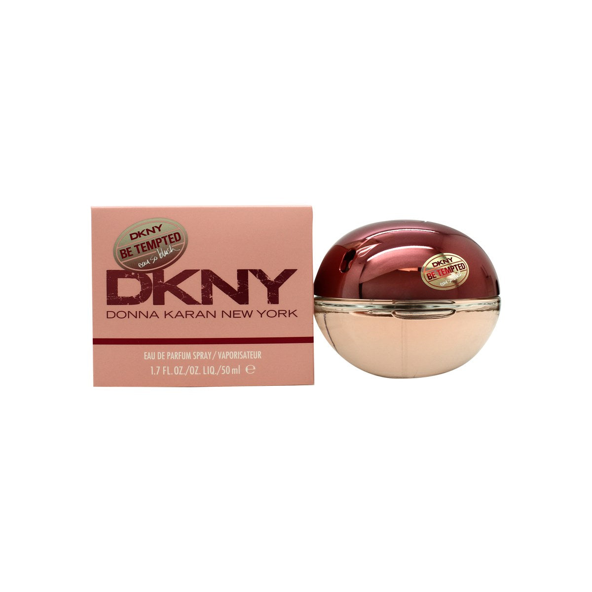 DKNY Be Tempted Eau So Blush Eau de Parfum 50 ml fra DKNY i lyserød æbleformet glasflakon med sølvhals og transparent låg.