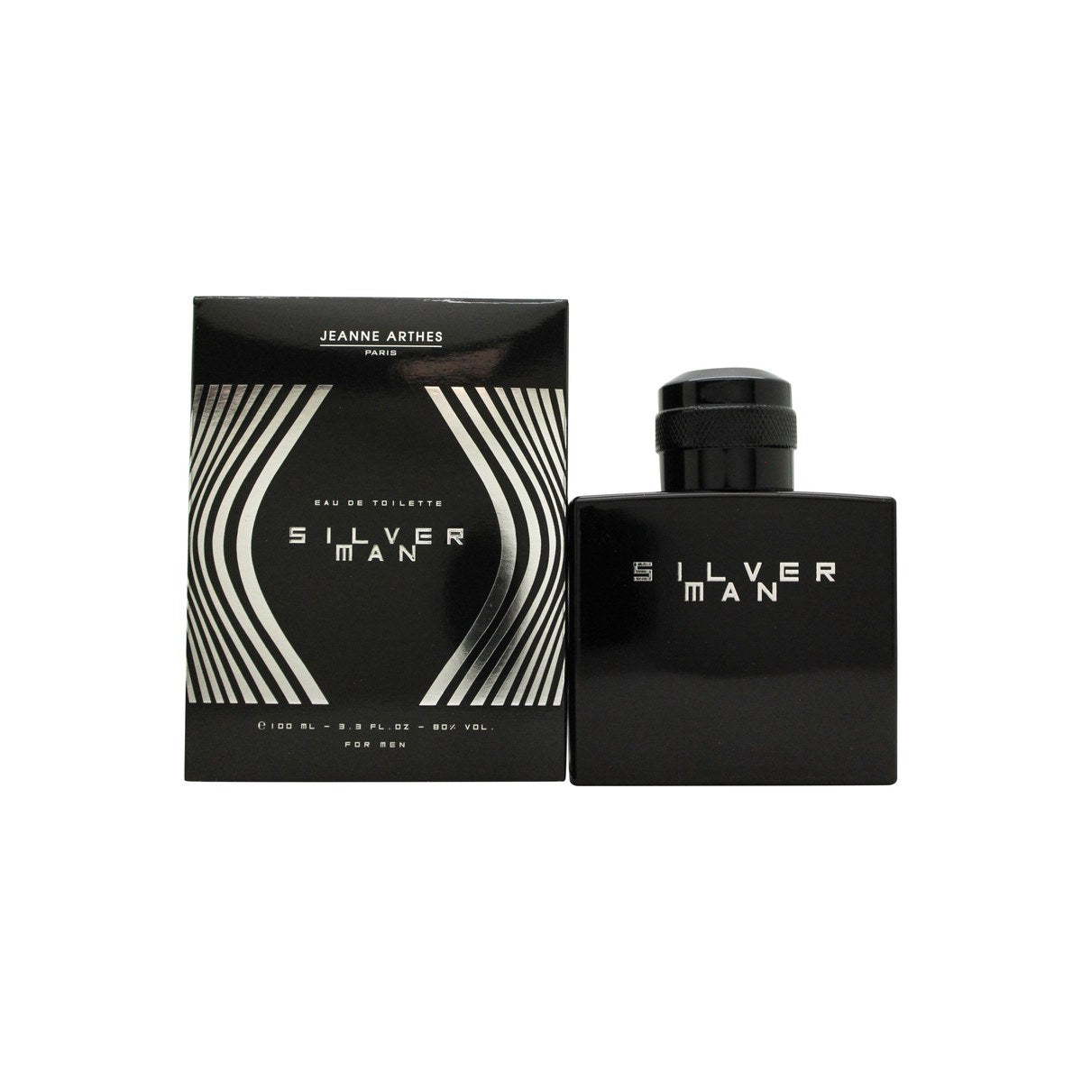 Jeanne Arthes Silver Man Eau de Toilette 100 ml i sølvfarvet cylindrisk flakon med sort låg og enkelt design