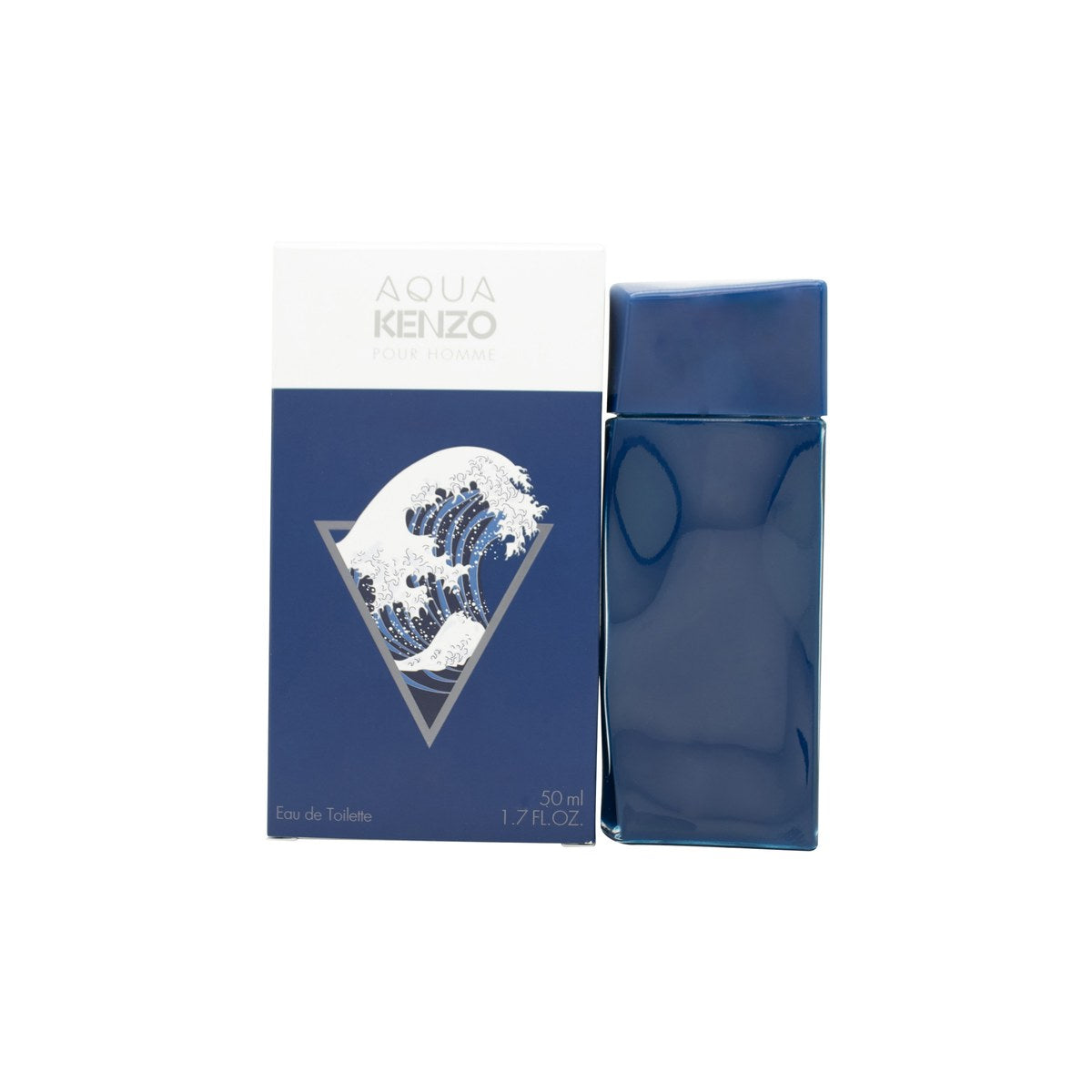 Aqua Kenzo Pour Homme Eau De Toilette Kenzo 50 ml, dyb cobaltblå flaske i omvendt pyramide med bølgemotiv og minimalistisk design.