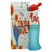 Cheap And Chic I Love Love Eau De Toilette, Moschino 30 ml, klar hjerteformet flakon med orange grafisk print og sølv låg