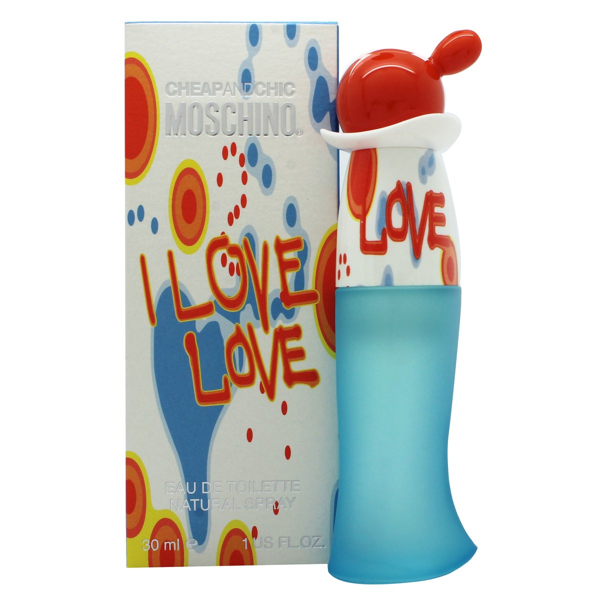 Cheap And Chic I Love Love Eau De Toilette, Moschino 30 ml, klar hjerteformet flakon med orange grafisk print og sølv låg