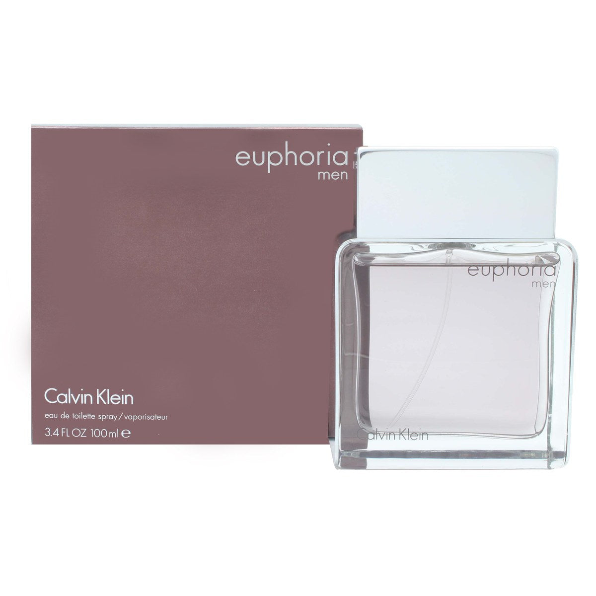 Euphoria Men Eau De Toilette Calvin Klein 100 ml, rektangulær mørkebrunt glasflakon med sølvfarvet metallåg og bund