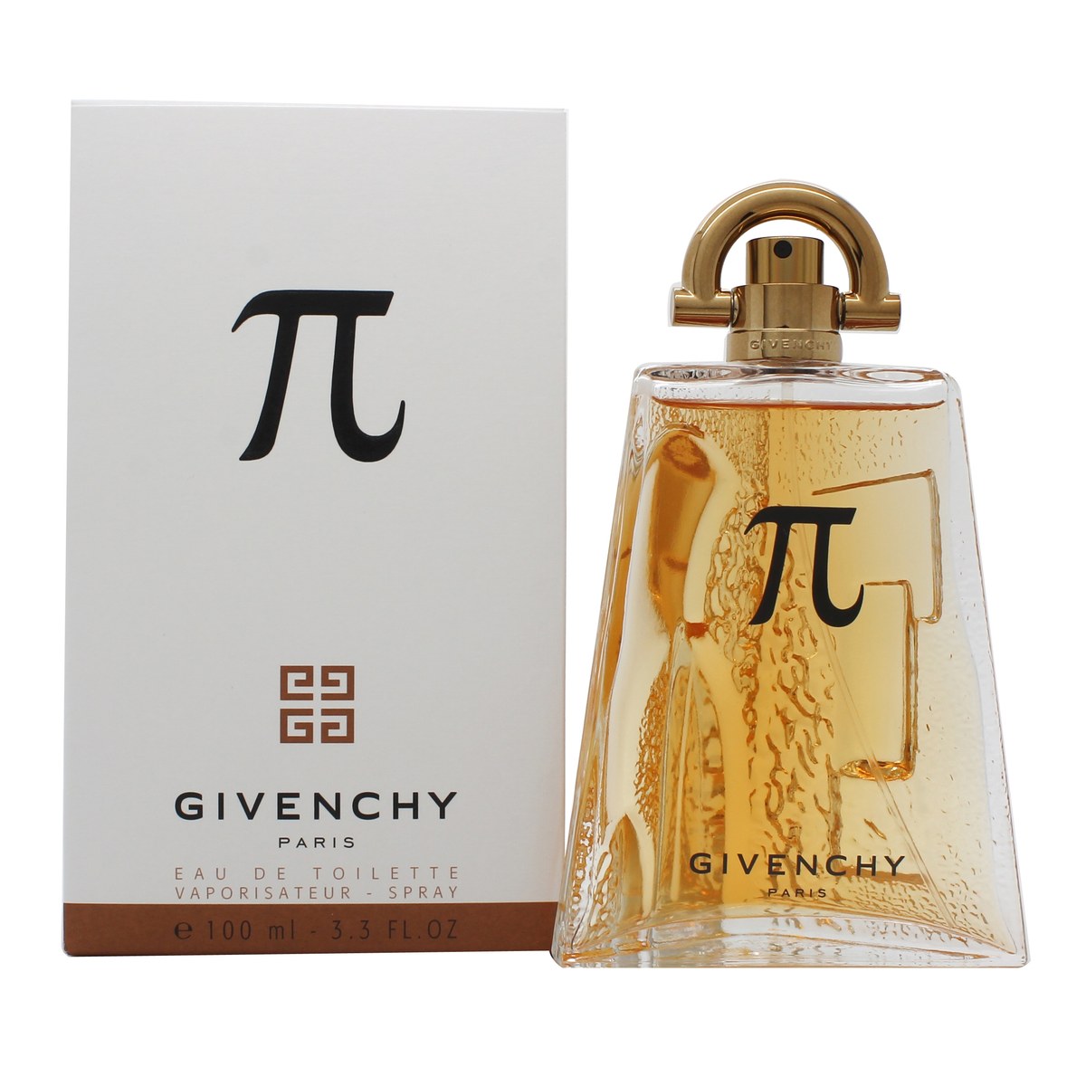 Pi Eau De Toilette Givenchy 100 ml amberfarvet glasflaske med buet metalramme og varm, maskulin stemning