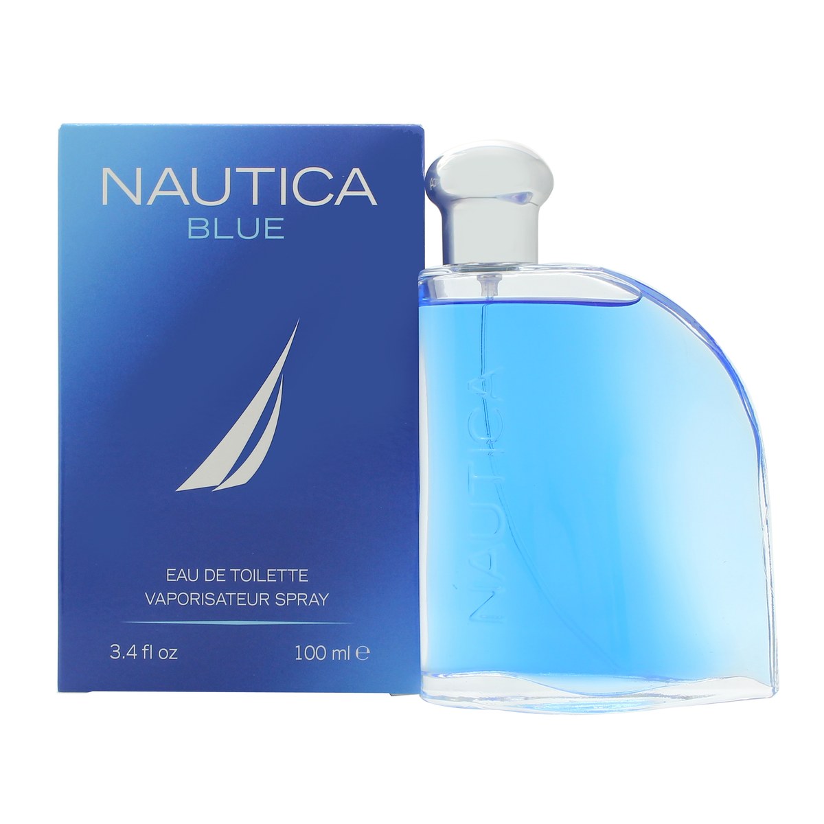 Nautica Blue Eau de Toilette 100ml, Nautica, 100 ml – klar blå flakon i buet glas med sølvfarvet spray og enkelt logo