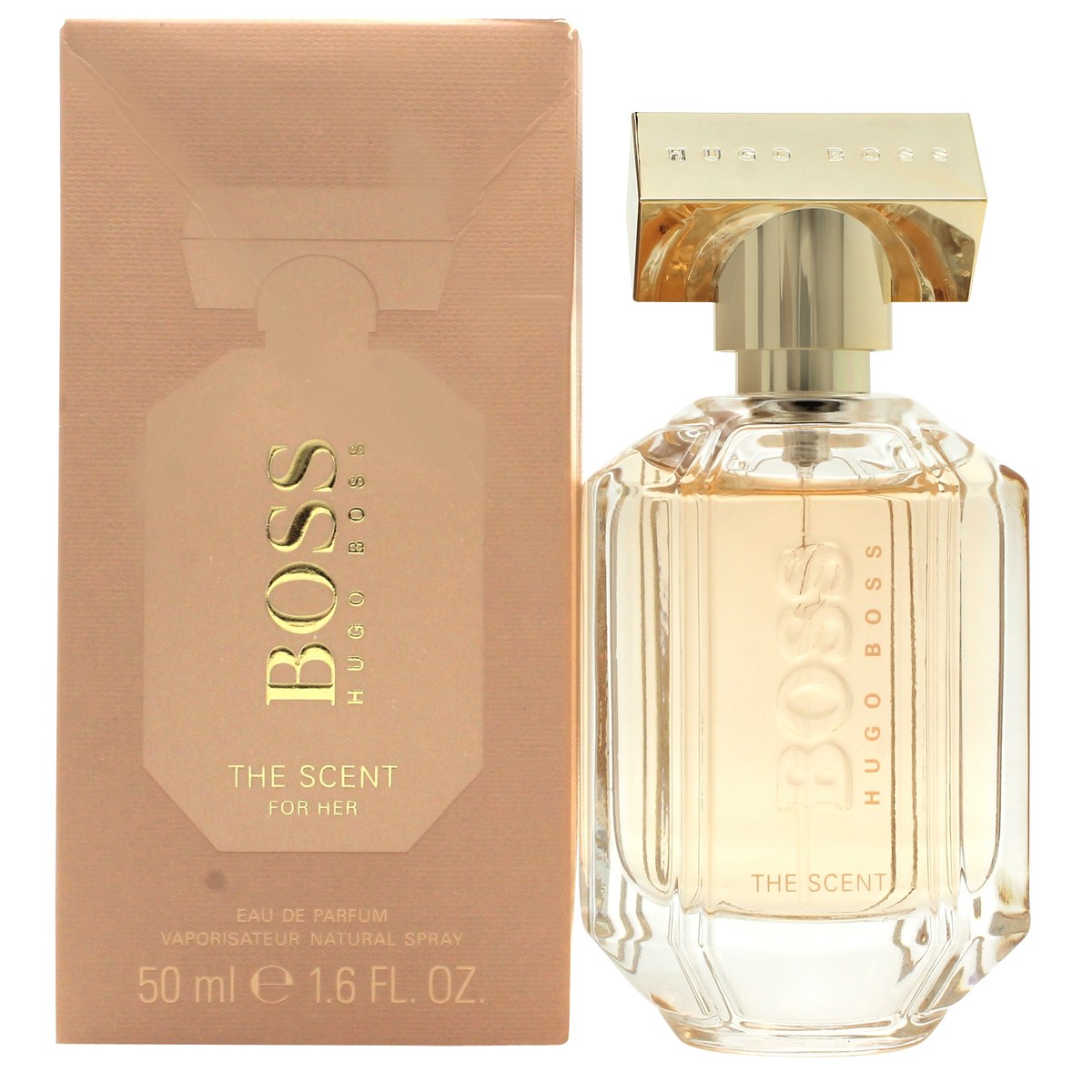 Hugo Boss Boss The Scent For Her Eau de Parfum 50 ml flakon i ferskenfarvet glas med gylden korkprop og facetteret form.