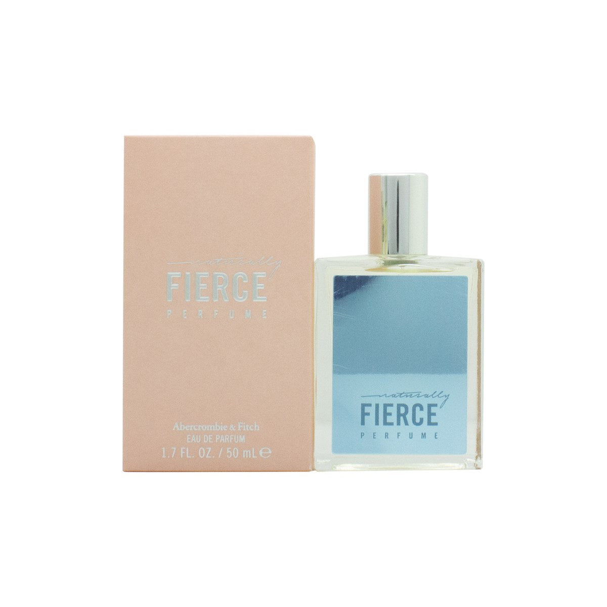 Abercrombie & Fitch Naturally Fierce Eau de Parfum 50 ml – klar rektangulær glasflakon med blød rosa duft og sølvfarvet låg