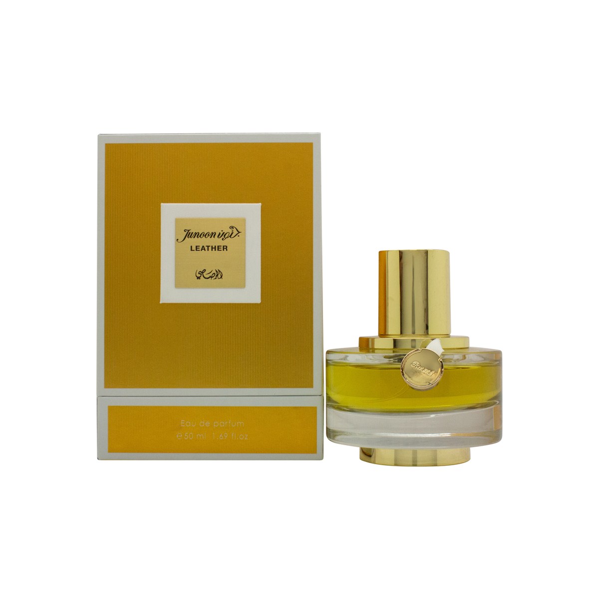 Rasasi Junoon Leather For Her Eau de Parfum 50 ml, oval hvid flakon med gulddetaljer og rundt låg i elegant, enkelt design