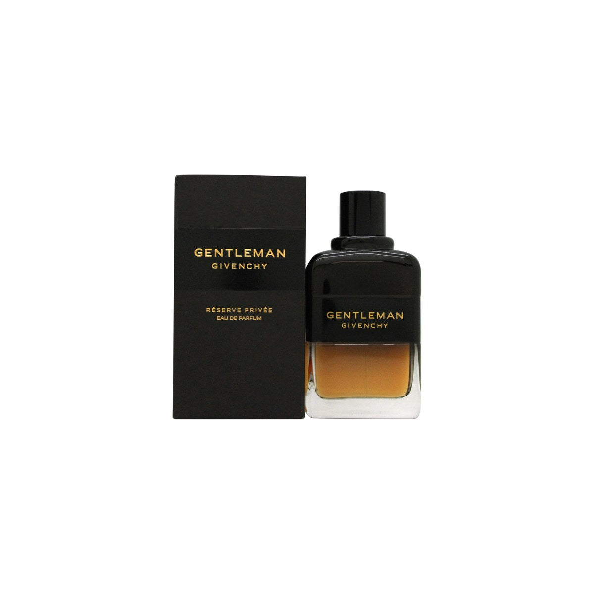 Givenchy Gentleman Reserve Privée Eau de Parfum 100 ml – mørk ravfarvet, firkantet glasflaske med sort lak hætte og sølvlogo