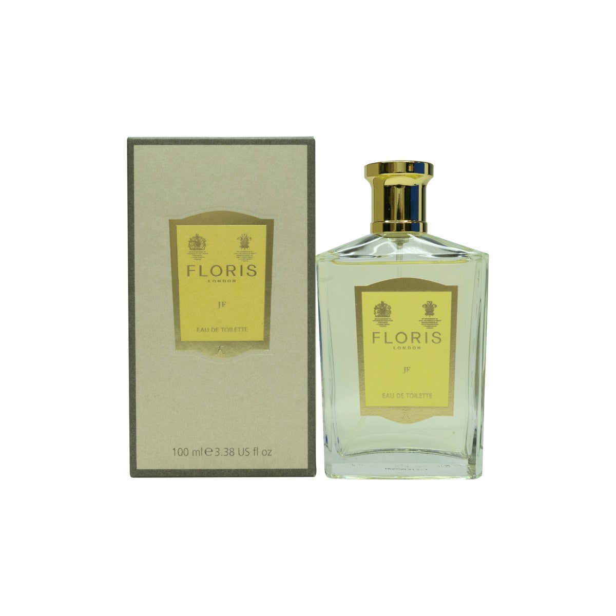 Floris JF Eau de Toilette 100ml fra Floris, 100 ml rektangulær klar glasflaske med gylden kork og hvid etiket.
