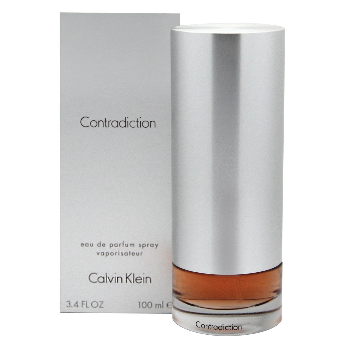 Contradiction Eau De Parfum, Calvin Klein, 100 ml – næsten opak krystalflakon med cylindrisk låg og synlig ravfarvet duft