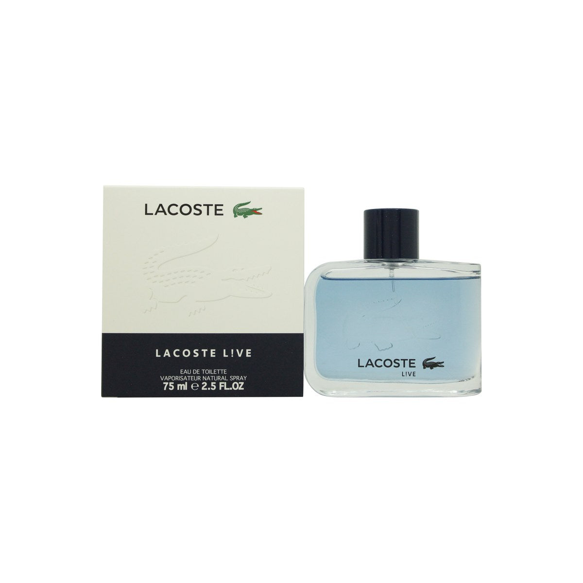 Lacoste Live Eau de Toilette 75 ml fra Lacoste, blå kubisk flakon med hvidt logo og sort korklåg.