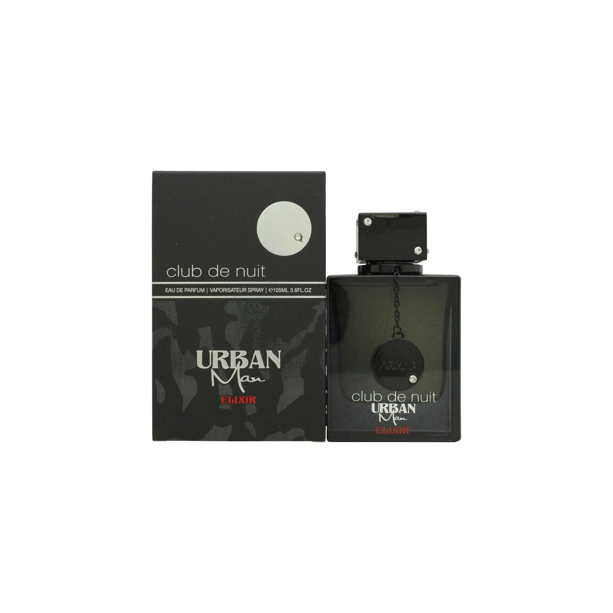 Club De Nuit Urban Elixir Eau De Parfum Armaf 105 ml, mat sort firkantet flakon med tonet glas og kantet sort låg