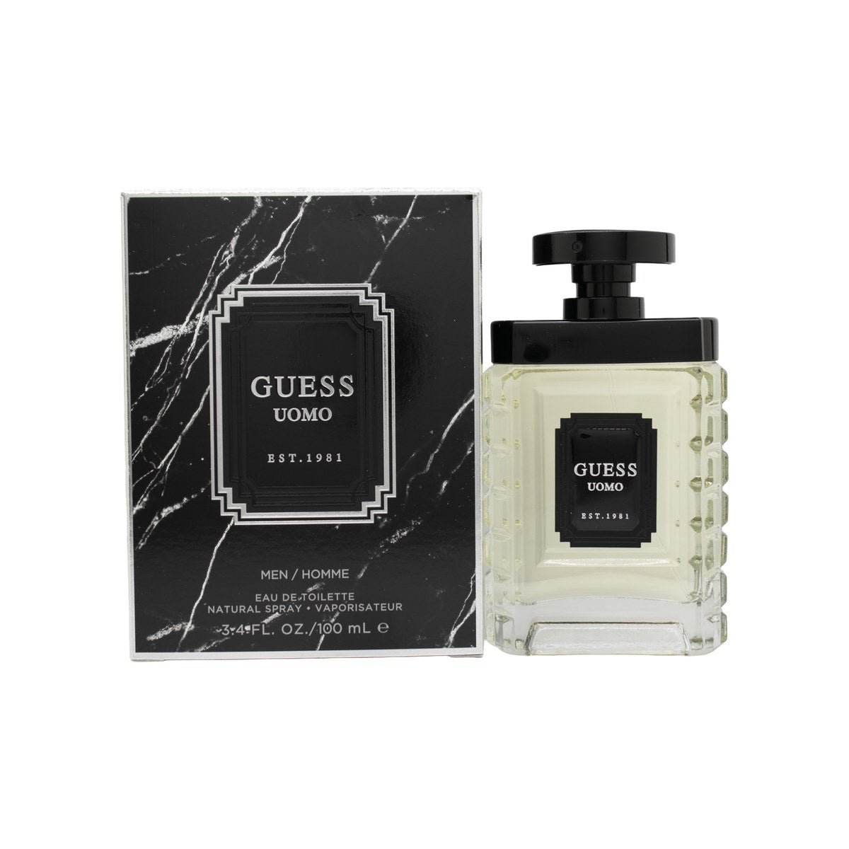 Guess Uomo Eau de Toilette 100 ml – klar glasflakon med mørkebrun læderlook og sølvlogo, maskulin, kantet form