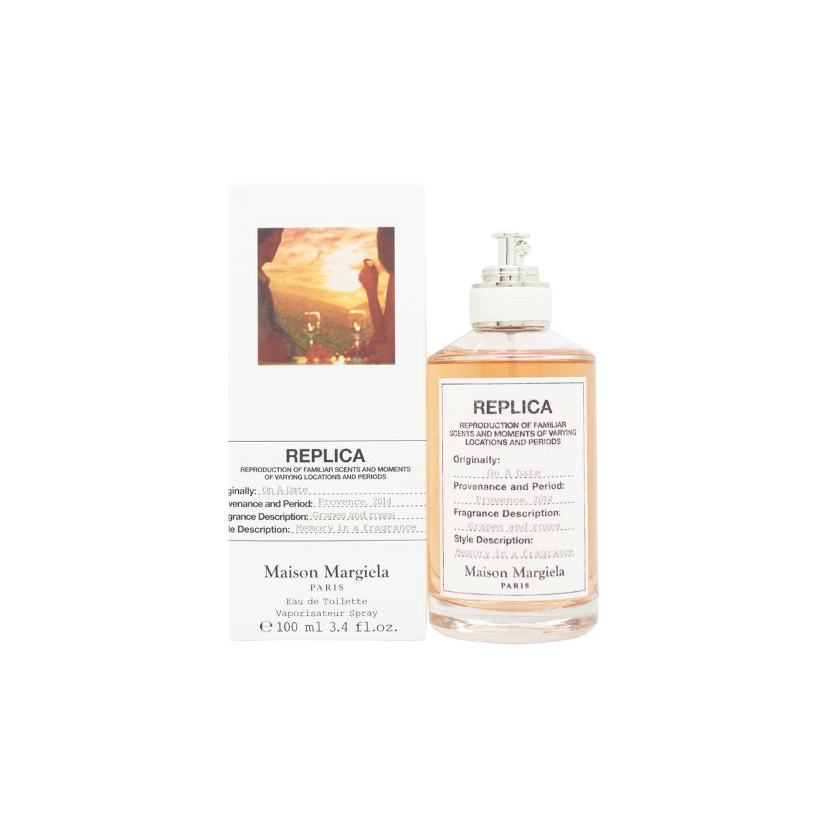 Maison Margiela On A Date Eau de Toilette 100 ml – klar cylinderflaske med rosa duft, hvid etiket og sølvpumpe