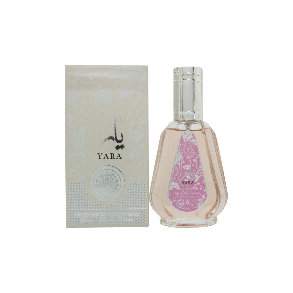 Lattafa Yara Eau de Parfum 50 ml fra Lattafa i lyserød, afrundet flakon med sølvdetaljer og geometrisk låg