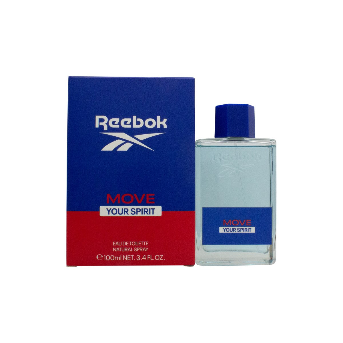 Reebok Move Your Spirit Men Eau de Toilette 100 ml, klar glasflaske med blå duft og sølvfarvet låg i sporty design.