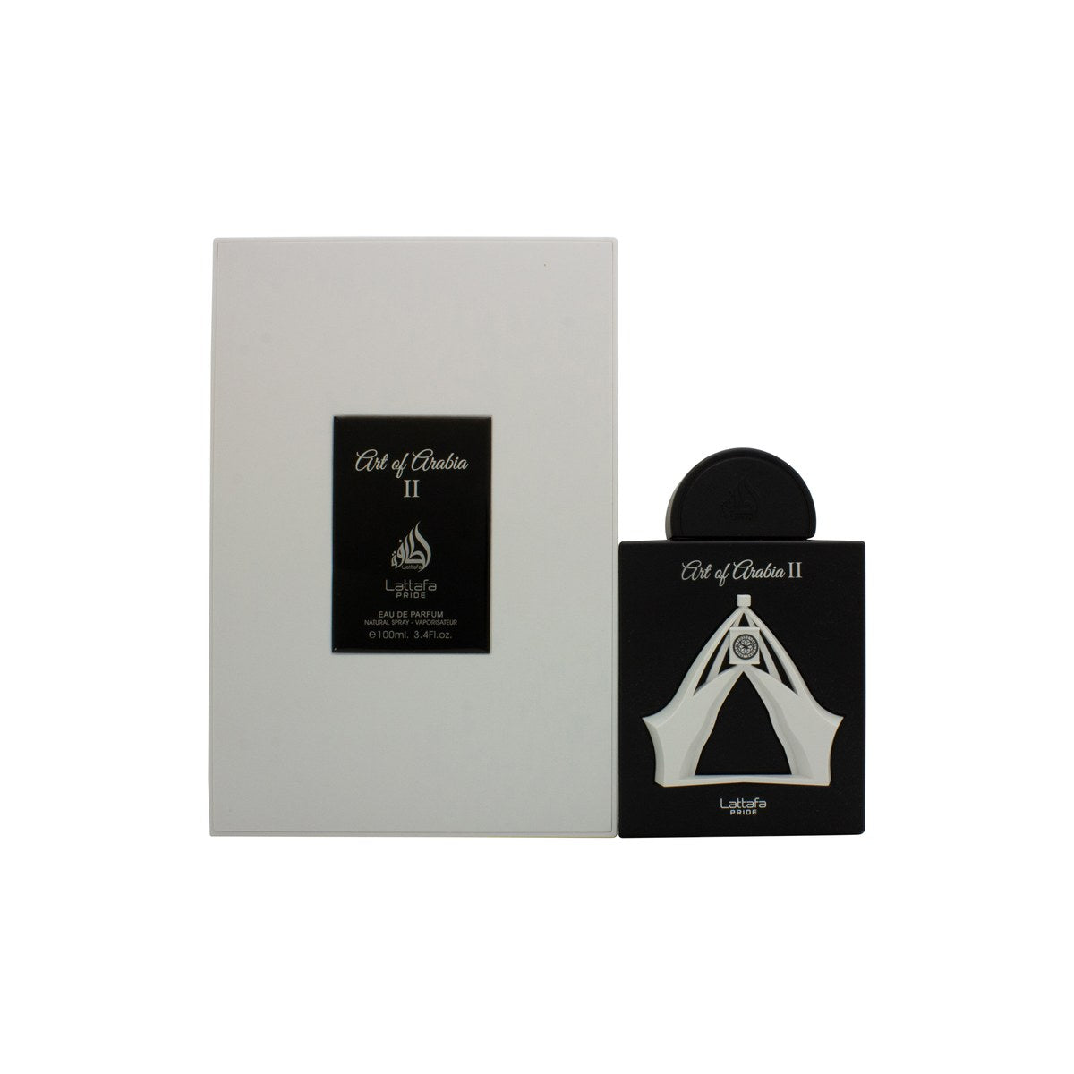 Lattafa Art of Arabia II Eau de Parfum 100 ml i guldfarvet cylindrisk flakon med sort mønster og matchende låg