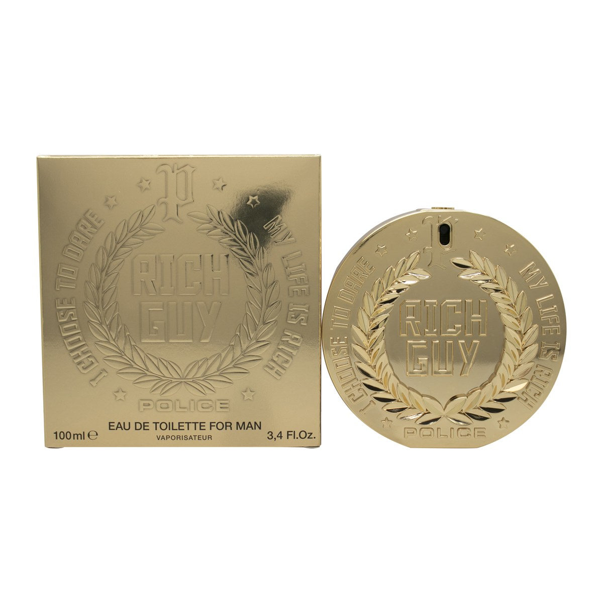 Police Rich Guy For Man Eau De Toilette, Police 100 ml, guldfarvet rektangulær flaske i metallook med præget logo og roligt, maskulint design