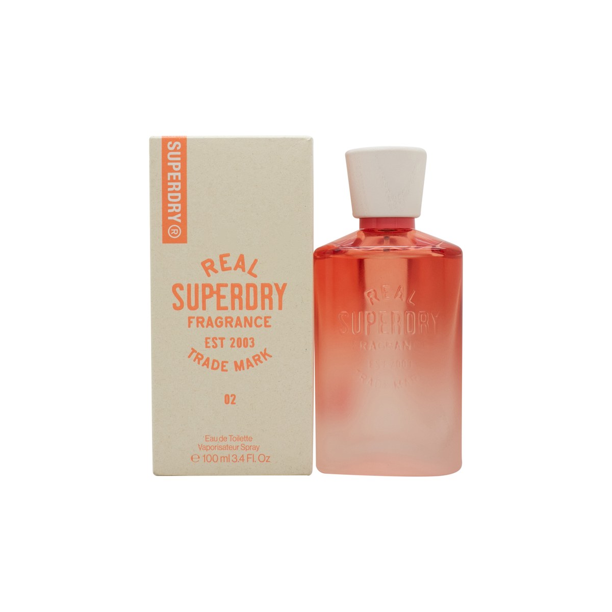 Superdry Real Superdry 02 For Women Eau de Toilette 100 ml – klar glasflakon med lyserød væske og hvid, minimalistisk hætte