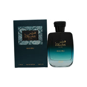 Rasasi Hawas Malibu Eau de Parfum 100 ml – turkis glasflaske med bølgende mønster og sølvfarvet låg i maritimt design