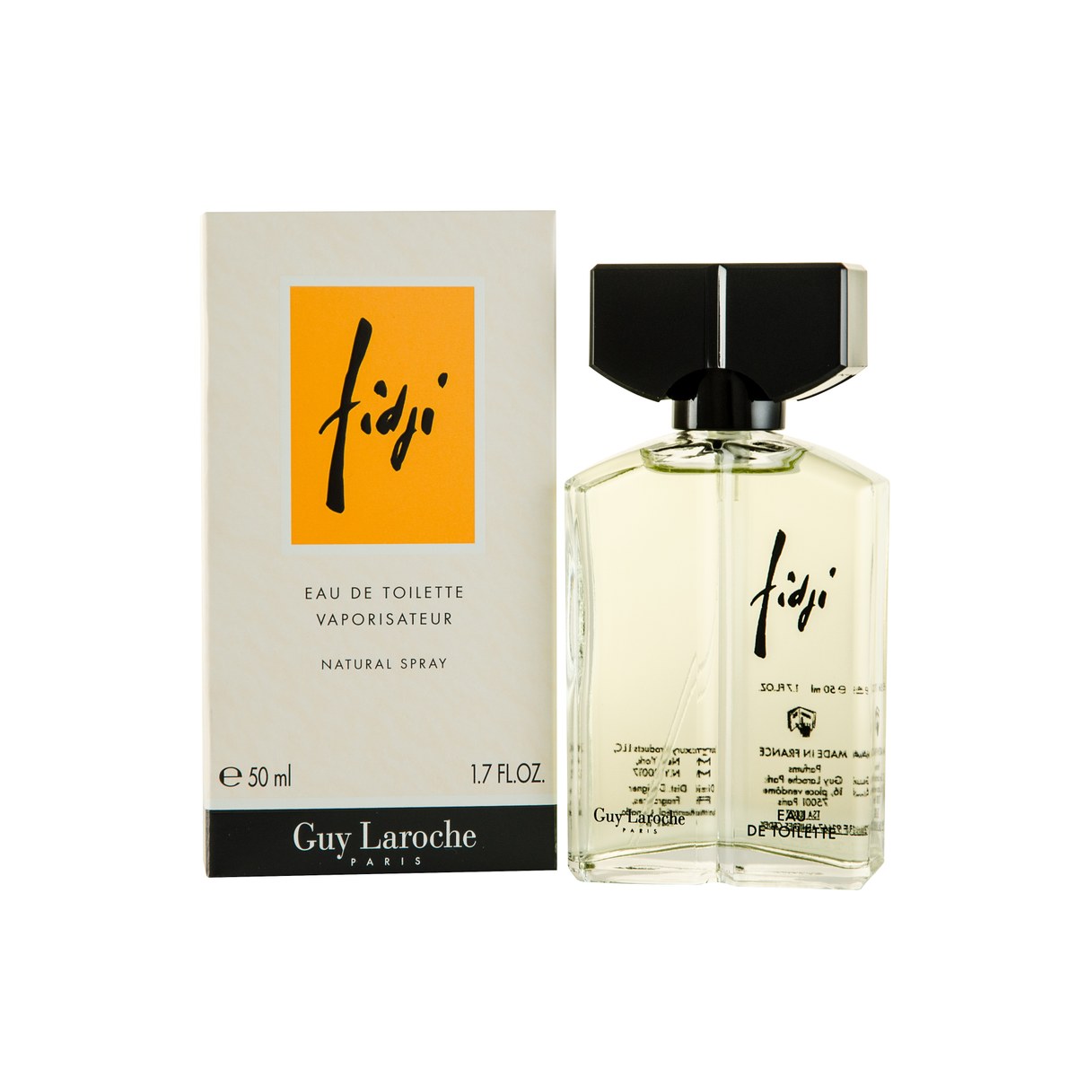 Guy Laroche Fidji Eau De Toilette 50 ml i klar glasflakon med guldfarvet låg og enkel, klassisk form