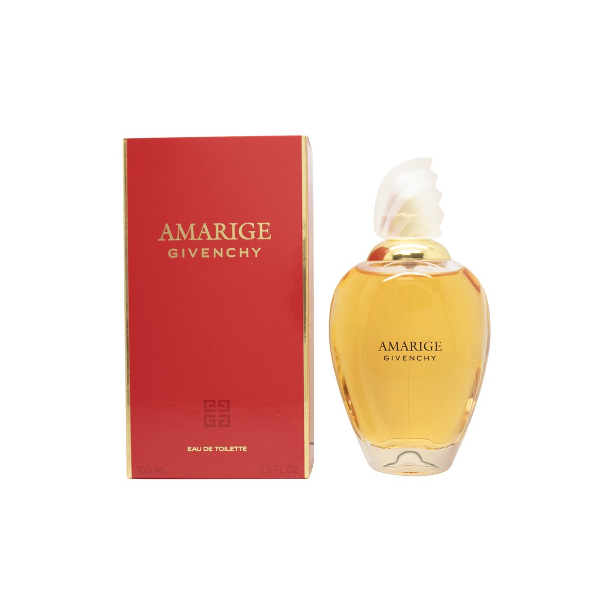 Amarige Eau De Toilette, Givenchy, 100 ml – rund glasflaske med gylden væske, bløde kurver og karakteristisk gylden prop