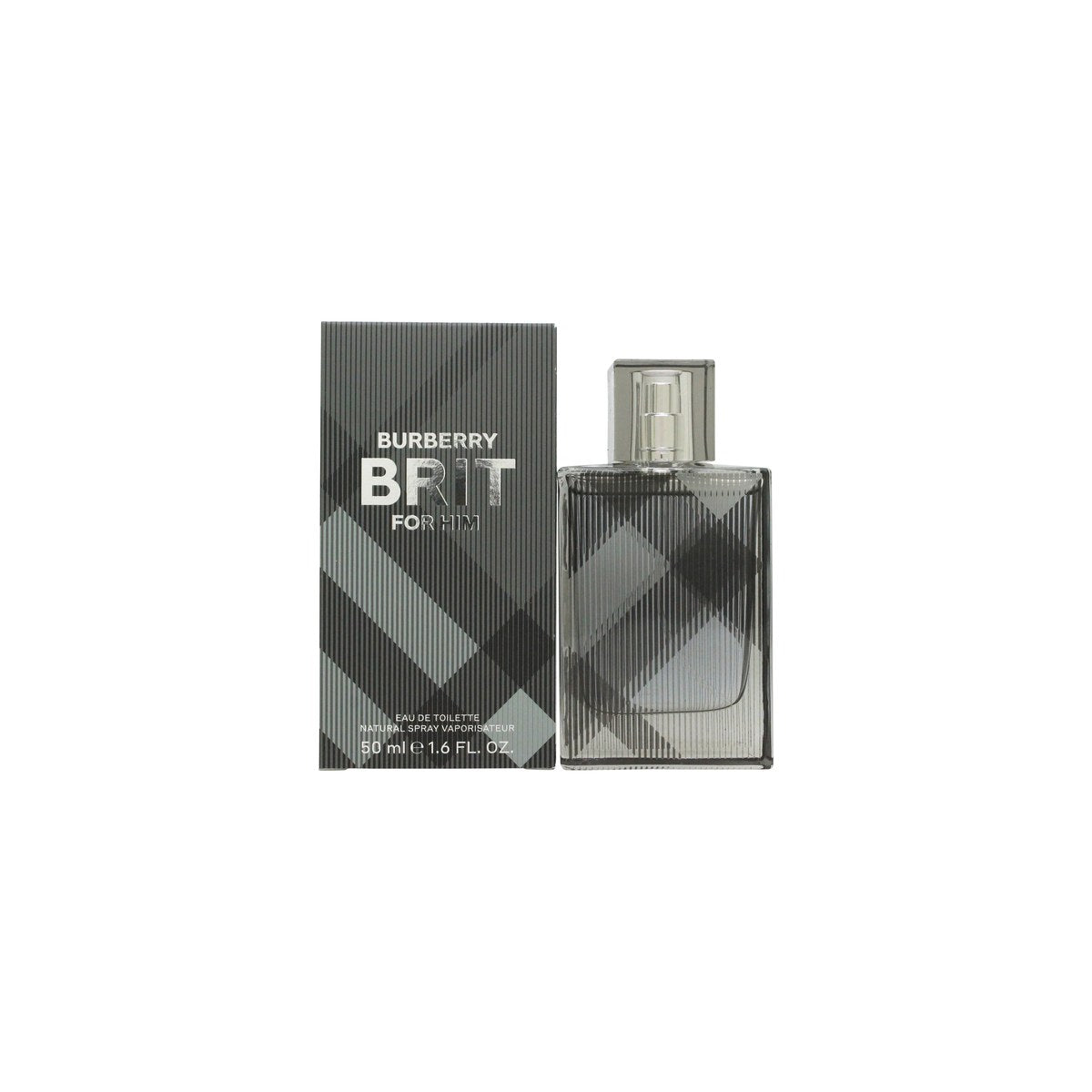 Burberry Brit Eau de Toilette 50 ml fra Burberry i rektangulær glasflaske med ternet mønster og sølvfarvet låg.