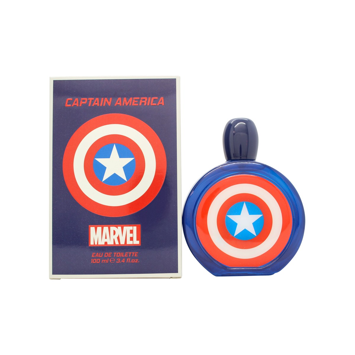 Marvel Captain America Eau de Toilette 100ml fra Marvel – blå rund flakon med Captain America motiv og sølvfarvet låg