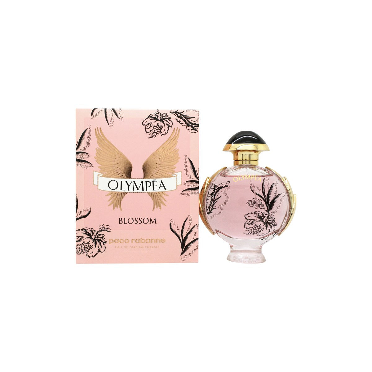 Paco Rabanne Olympea Blossom Eau de Parfum 80 ml i rund lyserød glasflakon med blomsterprint og rosaguld vingerlåg.