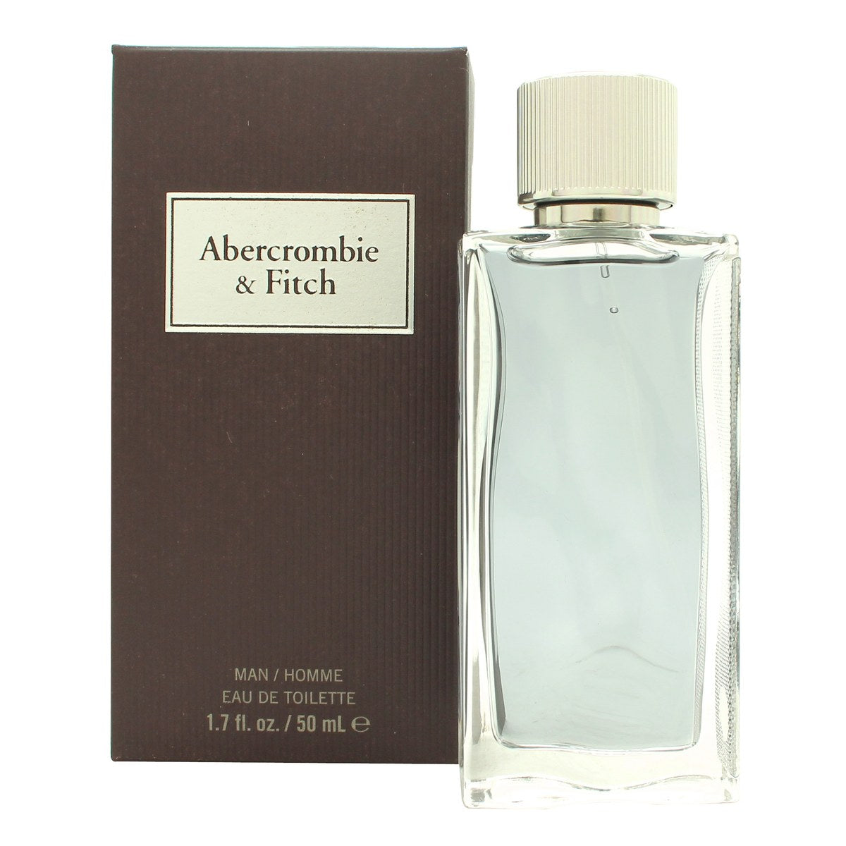 First Instinct Eau De Toilette, Abercrombie & Fitch, 50 ml – klar blå glasflaske med facetslebet design og sølvfarvet cylindrisk låg