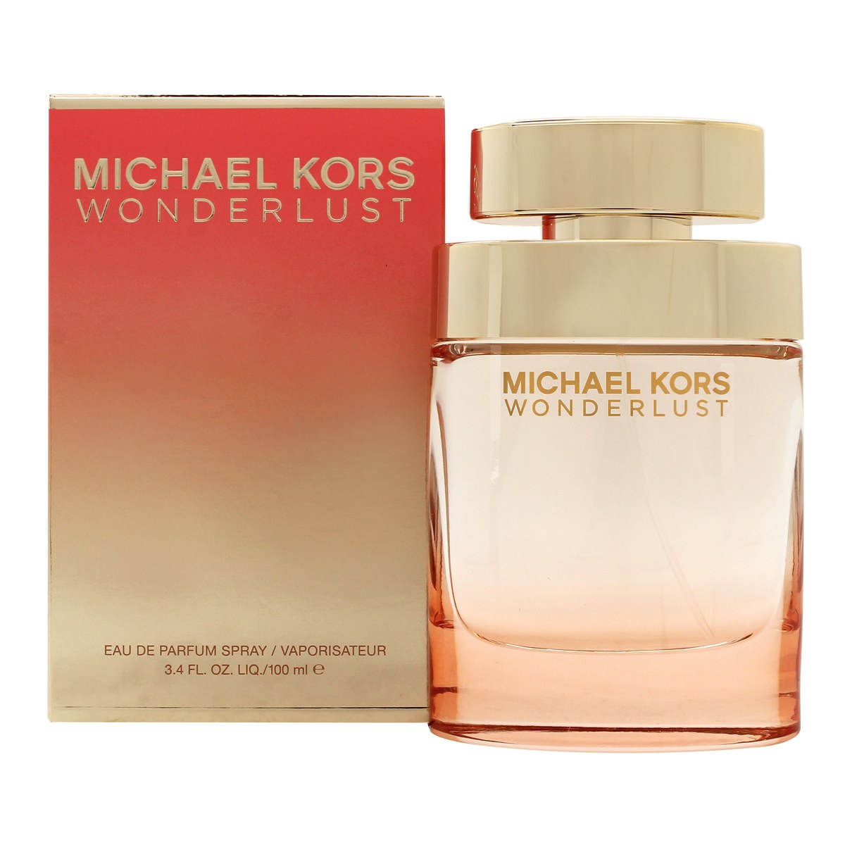 Michael Kors Wonderlust Eau de Parfum 100 ml, oval klar glasflaske med gyldent låg og blød rosa tone