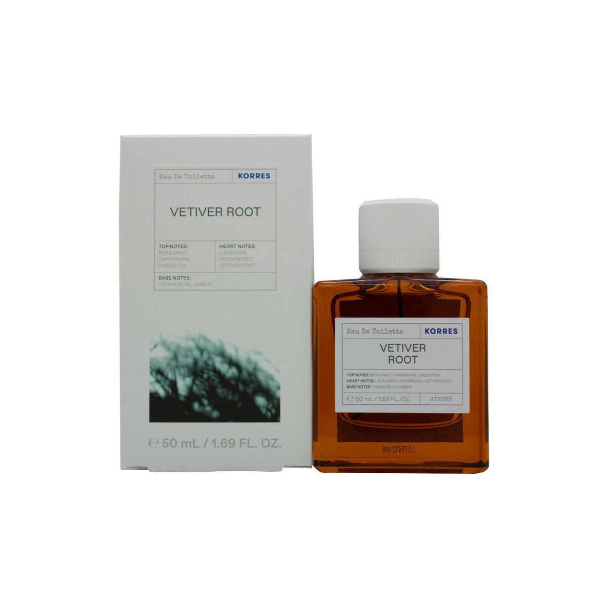Korres Vetiver Root Eau de Toilette, Korres, 50 ml – klar glasflaske med gylden væske og sort låg, enkelt design