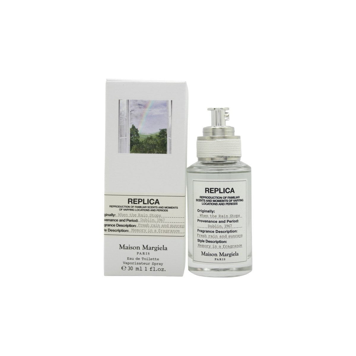 Maison Margiela When the Rain Stops Eau de Toilette 30 ml – klar cylindrisk glasflaske med hvid stofetiket og sølvskruelåg
