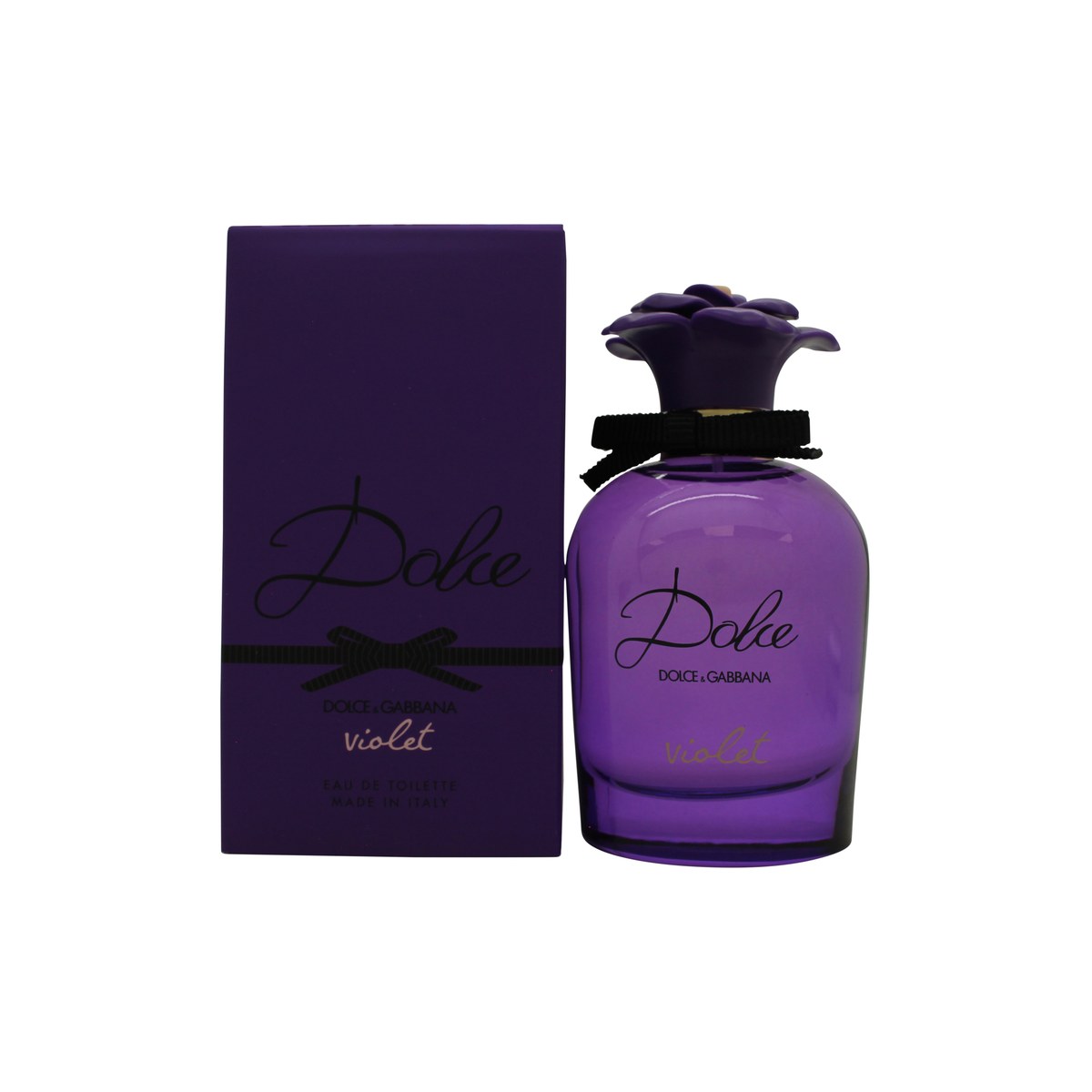 Dolce Violet Eau De Toilette Dolce & Gabbana 75 ml, violetfarvet flakon med blomsterformet låg og sort bånd