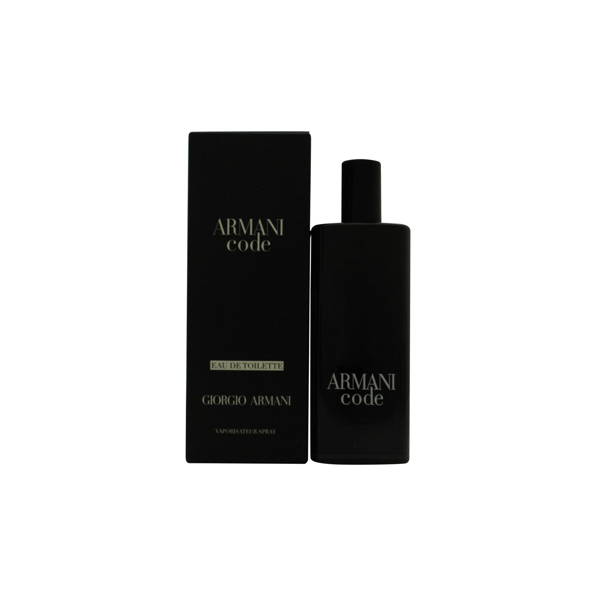 Giorgio Armani Armani Code Eau de Toilette 15 ml, mørkeblå slank cylindrisk glasflakon med sort spraytop og sølvlogo.