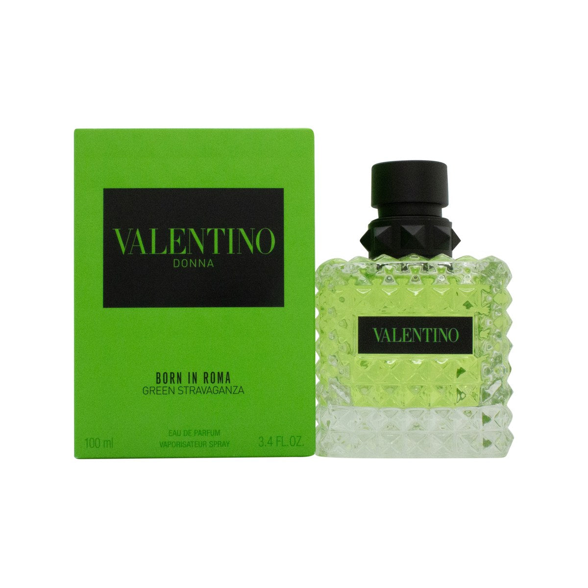 Valentino Donna Born in Roma Green Stravaganza Eau de Parfum 100 ml fra Valentino i grøn nitteprydet flakon med sort låg.