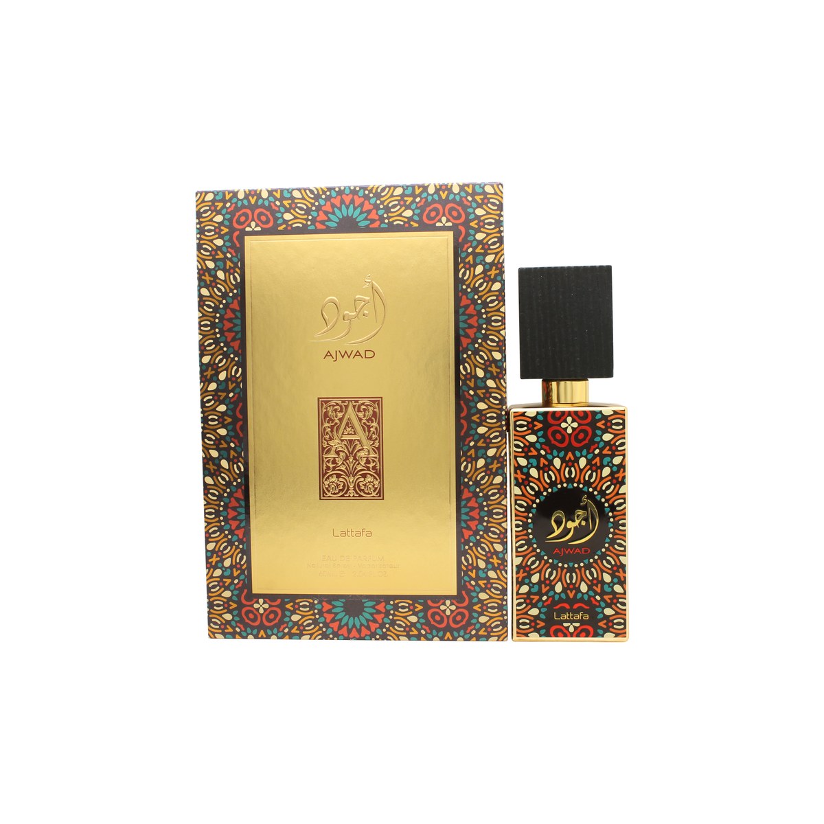 Lattafa Ajwad Eau de Parfum 60 ml – cremefarvet flakon med guldkant, oval form og gylden rund hætte