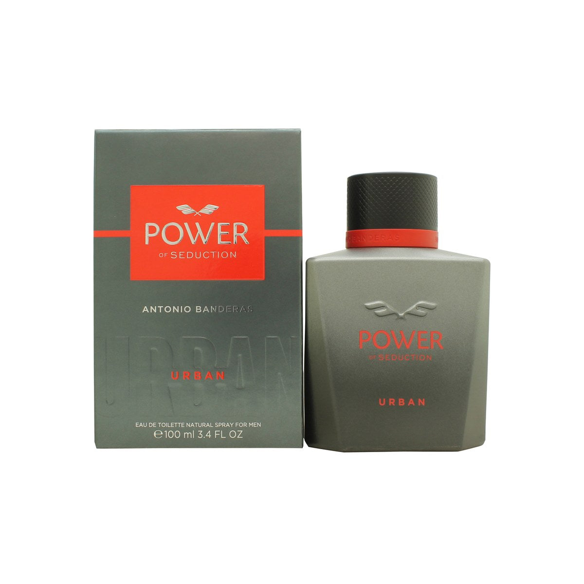 Antonio Banderas Power of Seduction Urban Eau de Toilette 100 ml, sort rektangulær flakon med blå detaljer og sort hætte.
